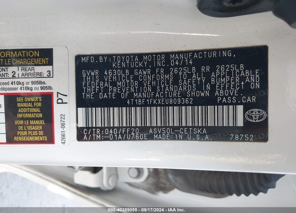 2014 TOYOTA CAMRY SE VIN: 4T1BF1FKXEU809362