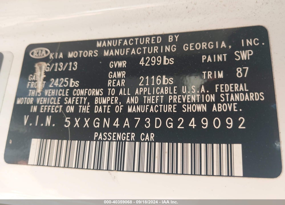 2013 KIA OPTIMA EX VIN: 5XXGN4A73DG249092