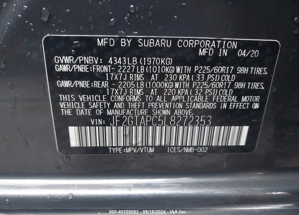 2020 SUBARU CROSSTREK PREMIUM VIN: JF2GTAPC5L8272353
