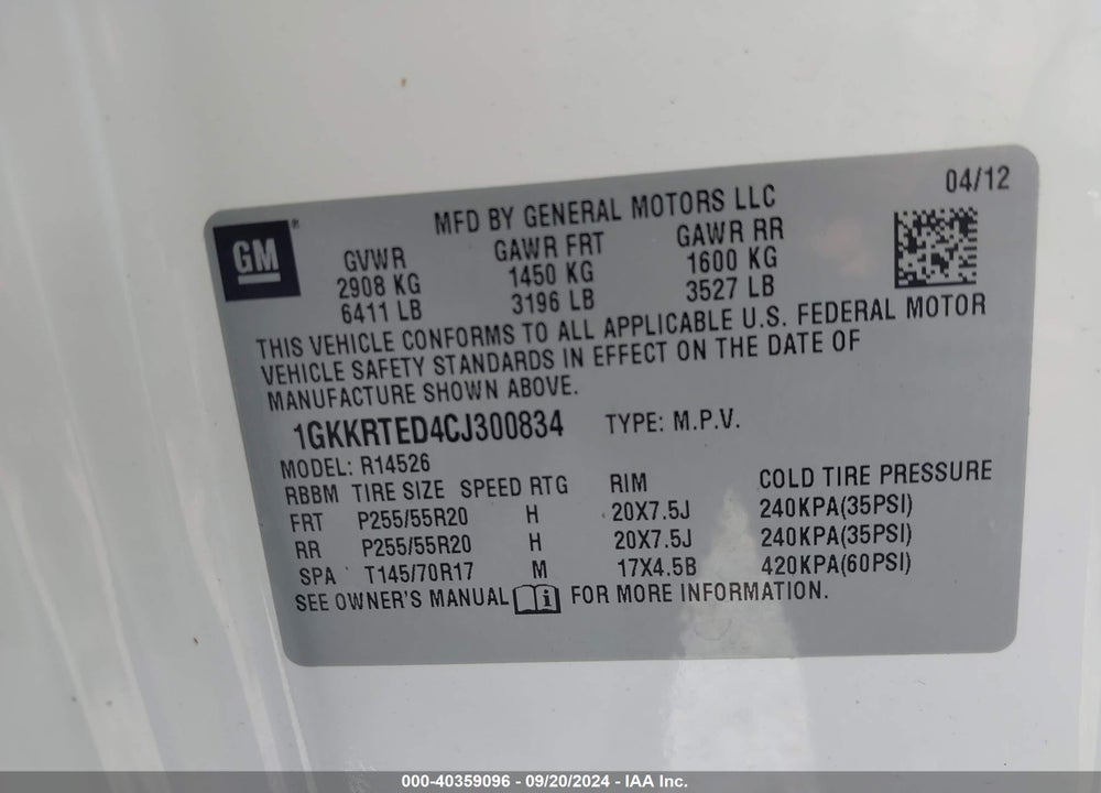 2012 GMC ACADIA DENALI VIN: 1GKKRTED4CJ300834