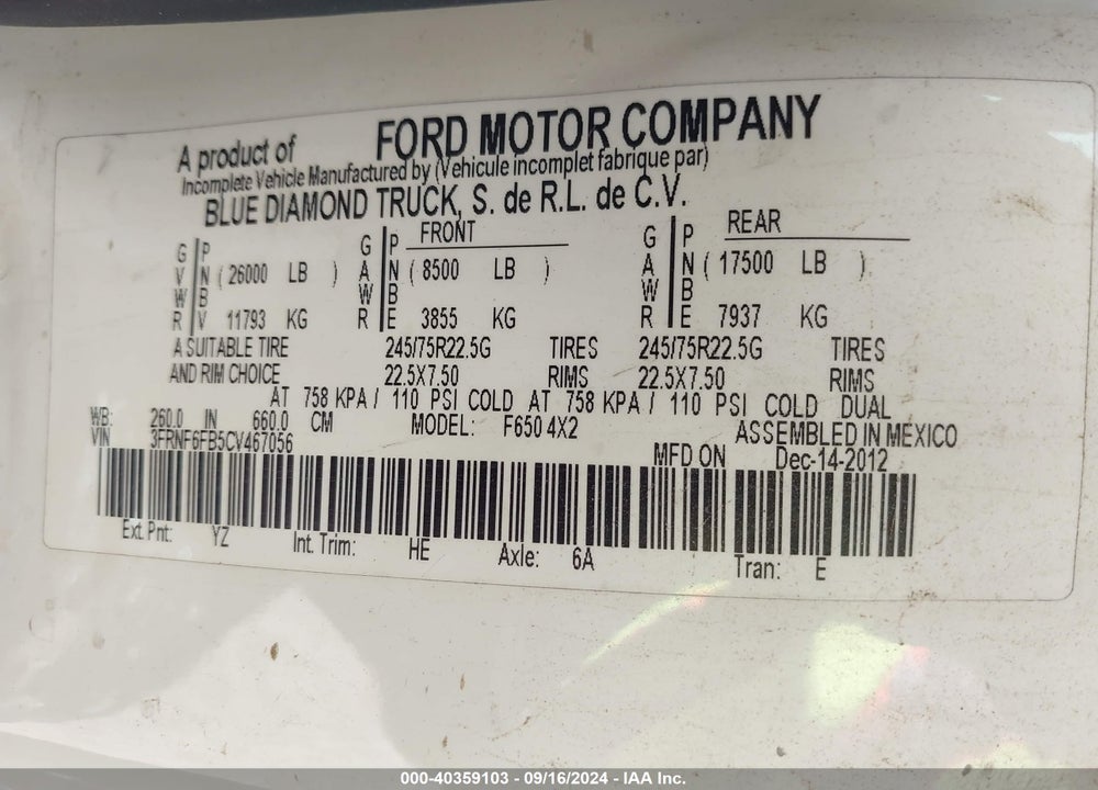 2012 FORD F-650 XL/XLT VIN: 3FRNF6FB5CV467056