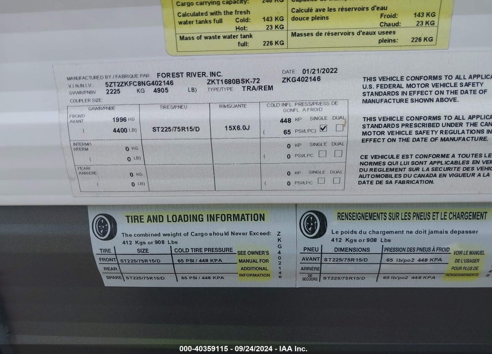 2022 FOREST RIVER OZARK RV VIN: 5ZT2ZKFC8NG402146
