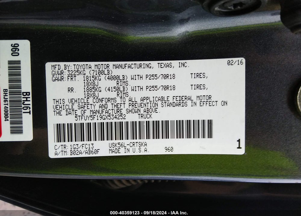2016 TOYOTA TUNDRA SR5 5.7L V8 VIN: 5TFUY5F19GX534252