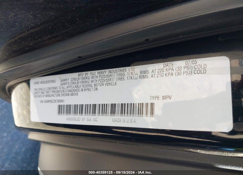 2006 SUBARU OUTBACK 2.5I LIMITED VIN: 4S4BP62C267305641