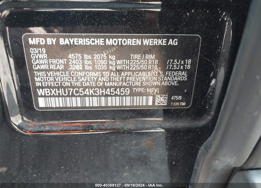 2019 BMW X1 SDRIVE28I VIN: WBXHU7C54K3H45459