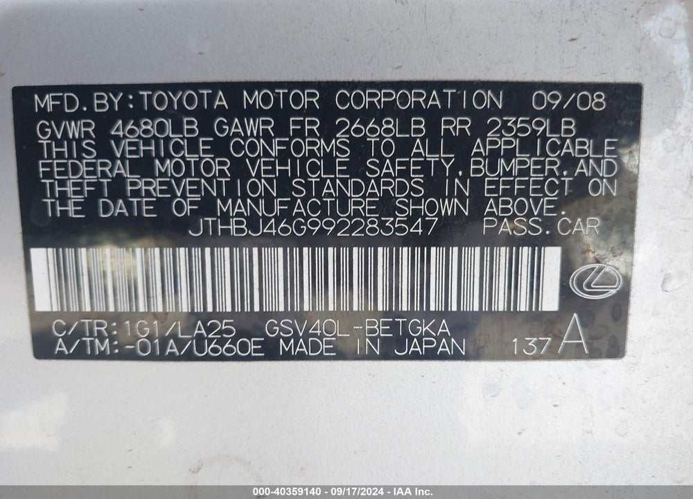 2009 LEXUS ES 350 VIN: JTHBJ46G992283547