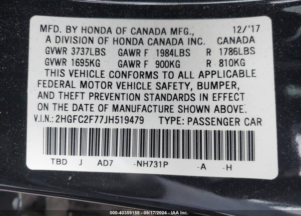 2018 HONDA CIVIC EX VIN: 2HGFC2F77JH519479