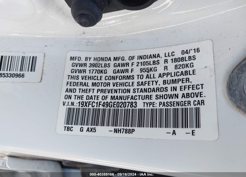 2016 HONDA CIVIC EX-T VIN: 19XFC1F49GE020783