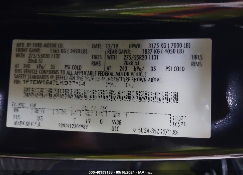 2020 FORD F-150 XLT VIN: 1FTEW1E47LKD37134