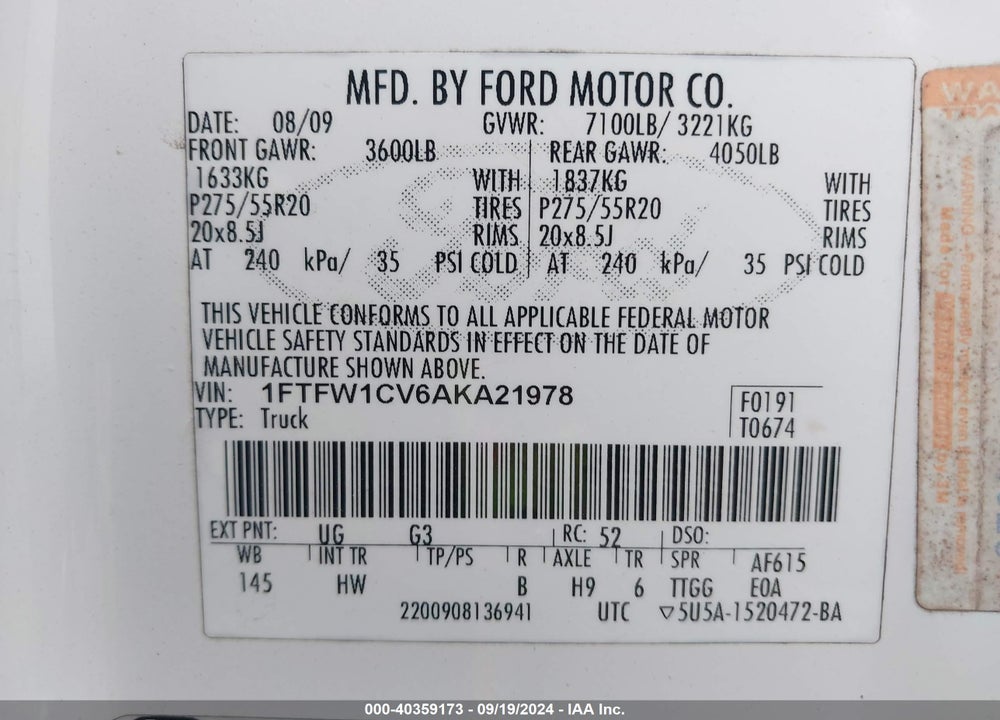 2010 FORD F-150 VIN: 1FTFW1CV6AKA21978
