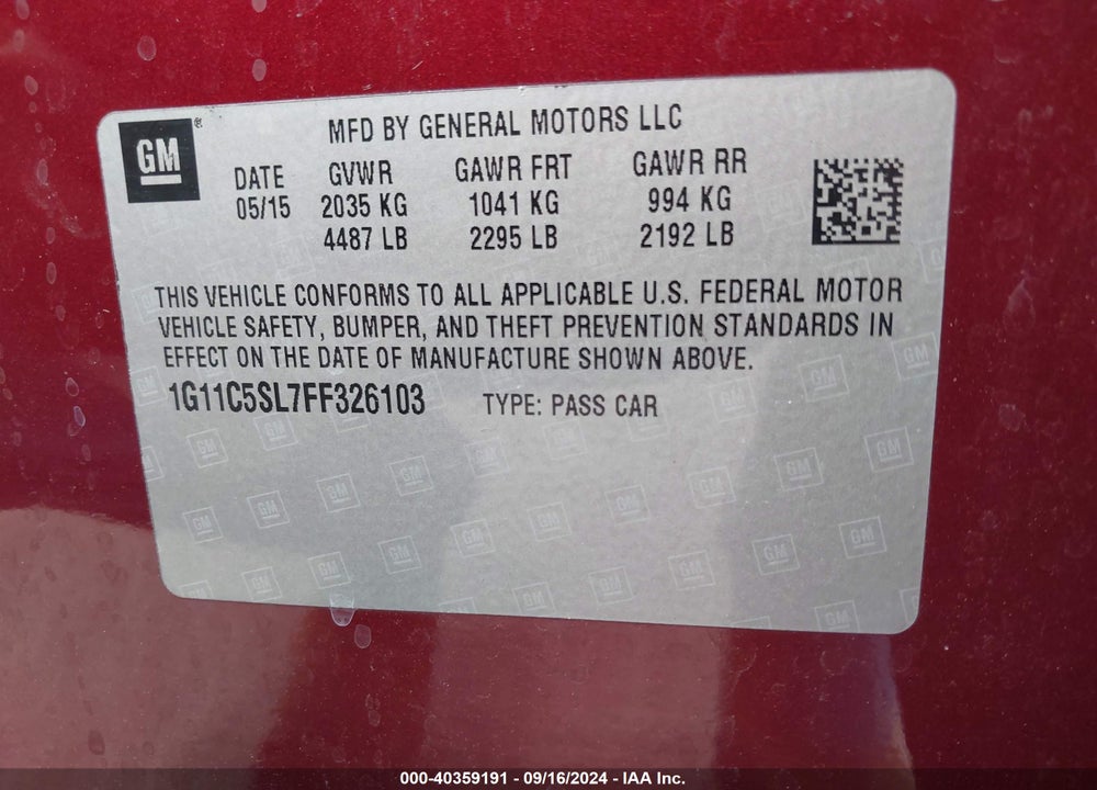 2015 CHEVROLET MALIBU 1LT VIN: 1G11C5SL7FF326103