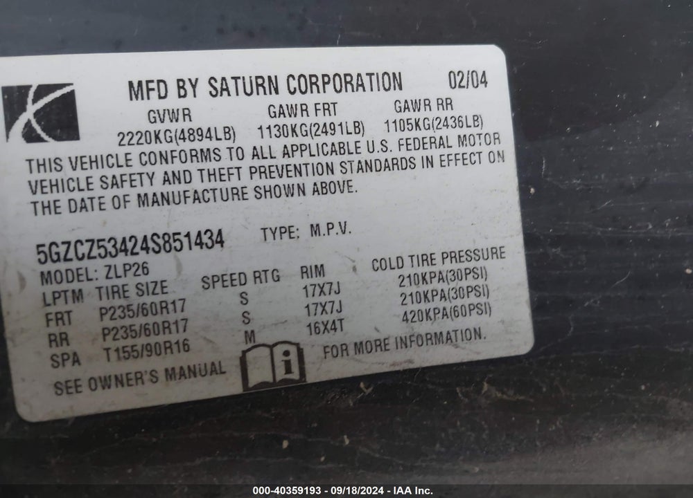 2004 SATURN VUE V6 VIN: 5GZCZ53424S851434