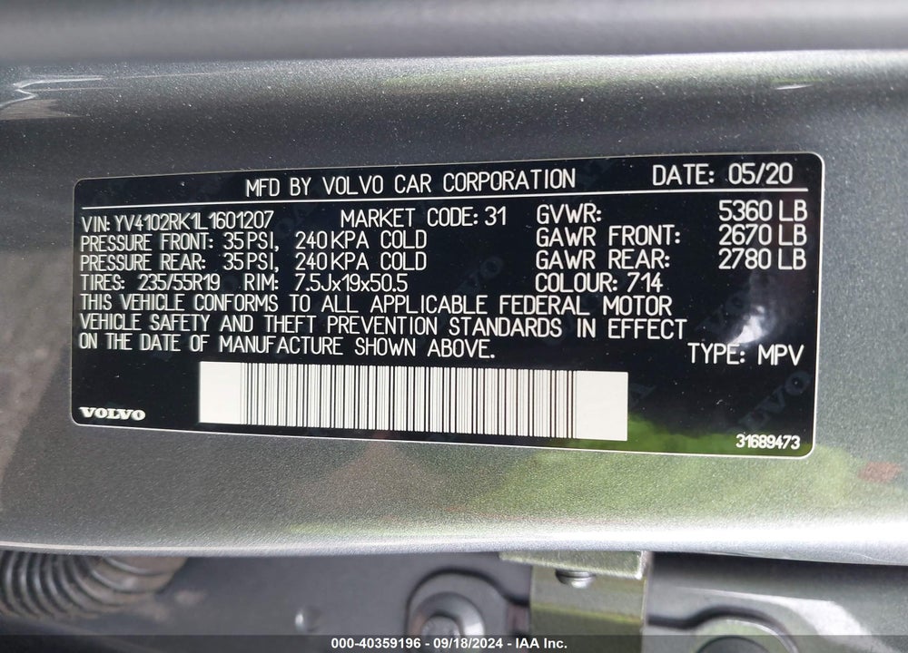 2020 VOLVO XC60 T5 MOMENTUM VIN: YV4102RK1L1601207