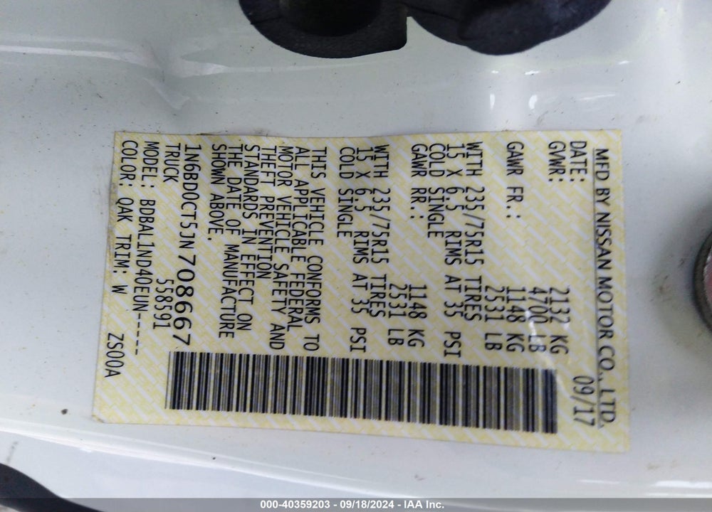 2018 NISSAN FRONTIER S VIN: 1N6BD0CT5JN708667