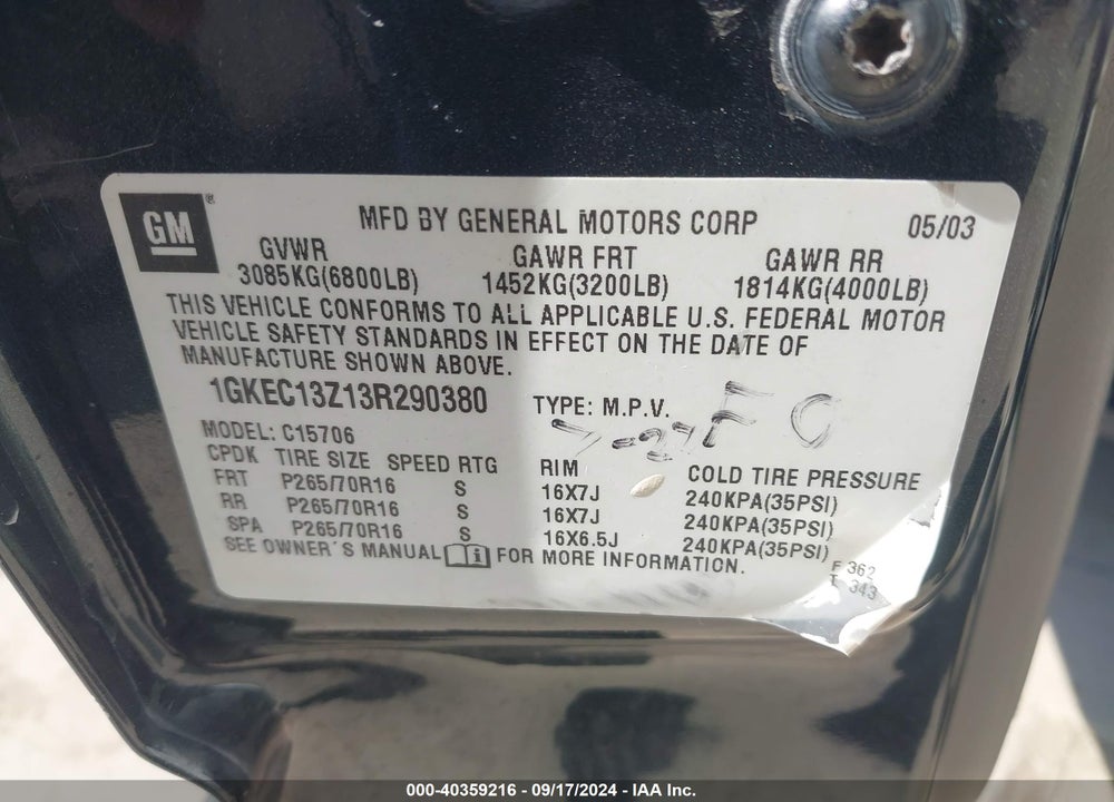 2003 GMC YUKON SLE/SLT VIN: 1GKEC13Z13R290380