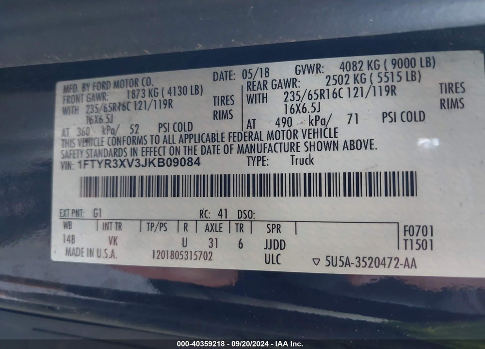 2018 FORD TRANSIT-250 VIN: 1FTYR3XV3JKB09084