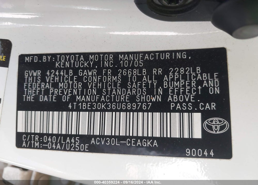 2006 TOYOTA CAMRY XLE VIN: 4T1BE30K36U689767