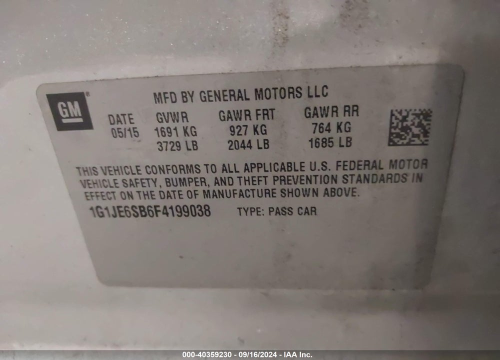 2015 CHEVROLET SONIC LTZ AUTO VIN: 1G1JE6SB6F4199038