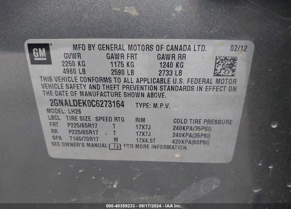 2012 CHEVROLET EQUINOX 1LT VIN: 2GNALDEK0C6273164