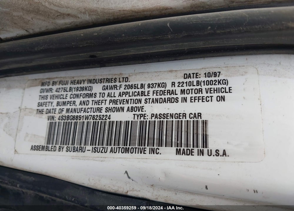 1998 SUBARU LEGACY OUTBACK/OUTBACK LIMITED/OUTBACK SPORT VIN: 4S3BG6851W7625224