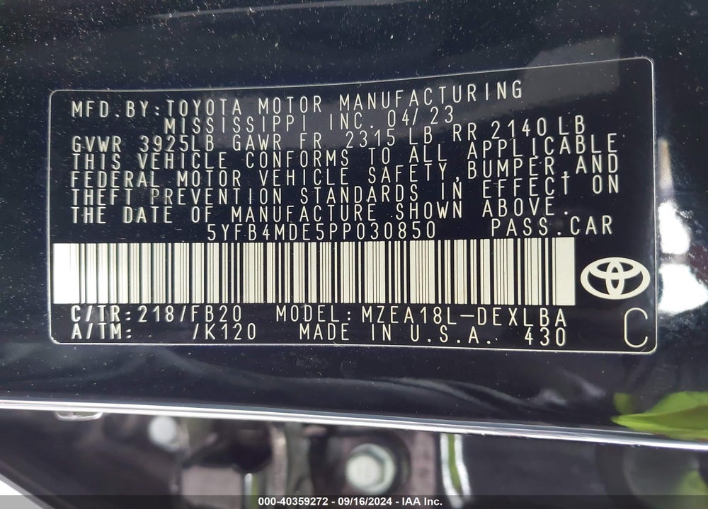 2023 TOYOTA COROLLA LE VIN: 5YFB4MDE5PP030850