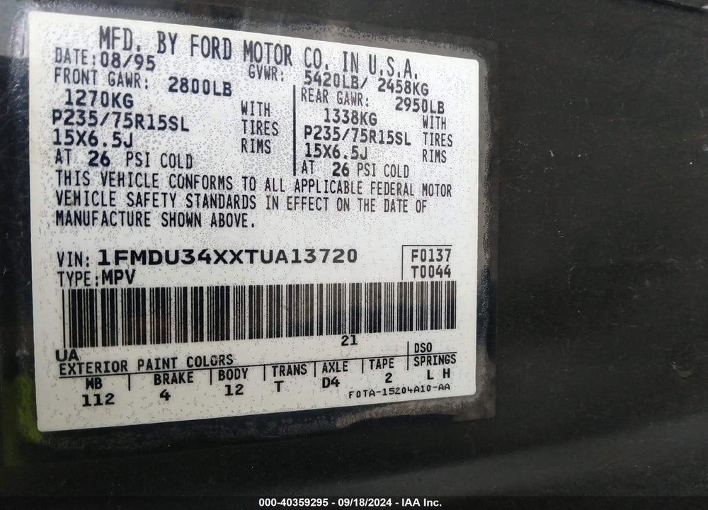 1996 FORD EXPLORER VIN: 1FMDU34XXTUA13720