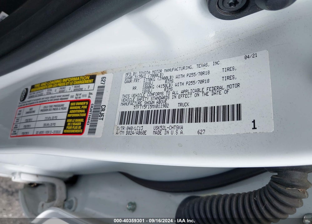 2021 TOYOTA TUNDRA VIN: 5TFTY5F15MX011902