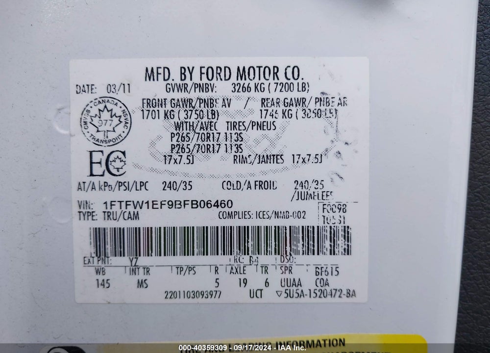 2011 FORD F-150 XLT VIN: 1FTFW1EF9BFB06460