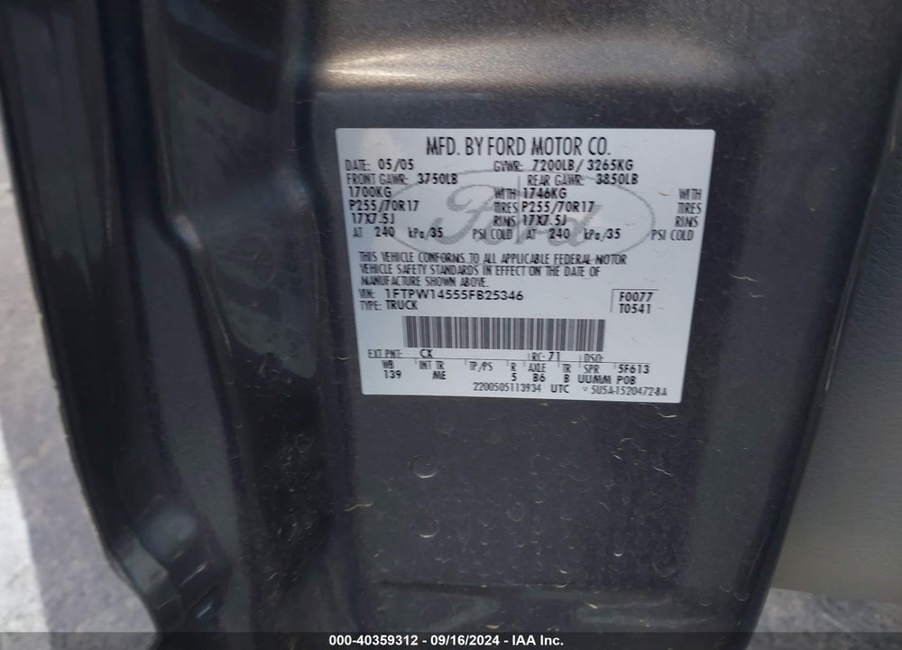 2005 FORD F-150 FX4/LARIAT/XLT VIN: 1FTPW14555FB25346