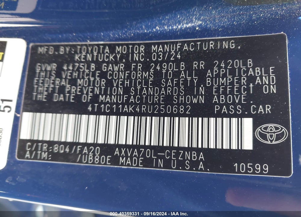 2024 TOYOTA CAMRY VIN: 4T1C11AK4RU250682