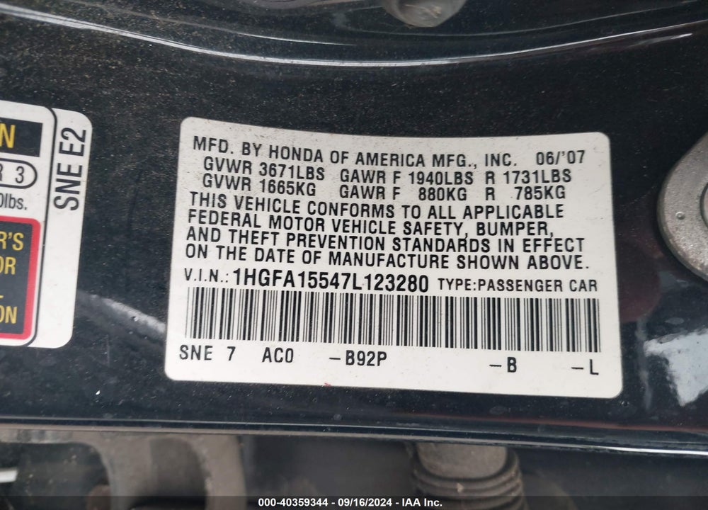 2007 HONDA CIVIC LX VIN: 1HGFA15547L123280