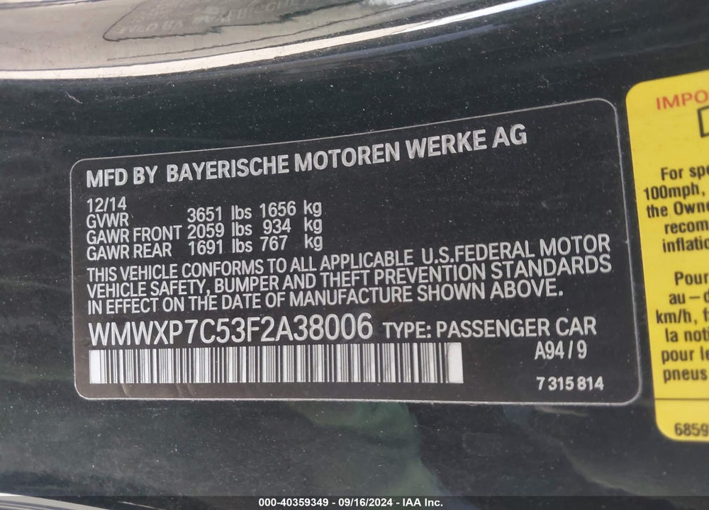 2015 MINI HARDTOP COOPER S VIN: WMWXP7C53F2A38006