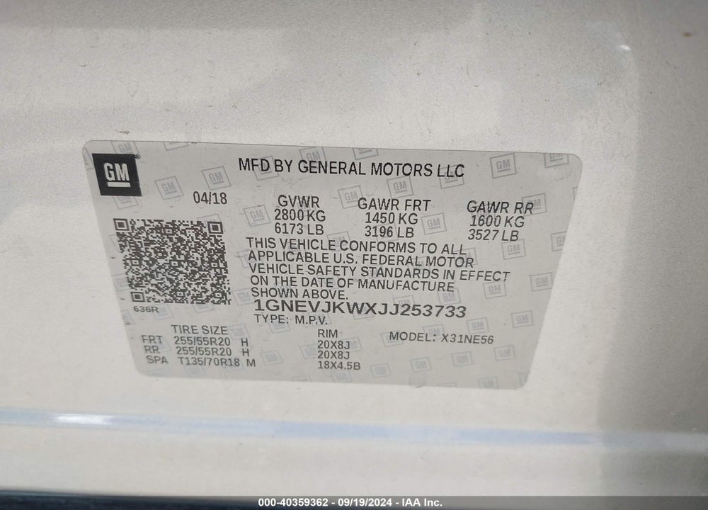 2018 CHEVROLET TRAVERSE PREMIER VIN: 1GNEVJKWXJJ253733