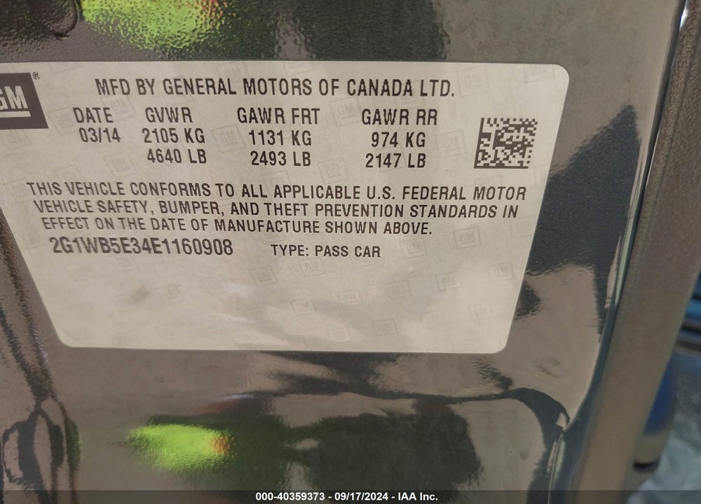 2014 CHEVROLET IMPALA LIMITED LT VIN: 2G1WB5E34E1160908