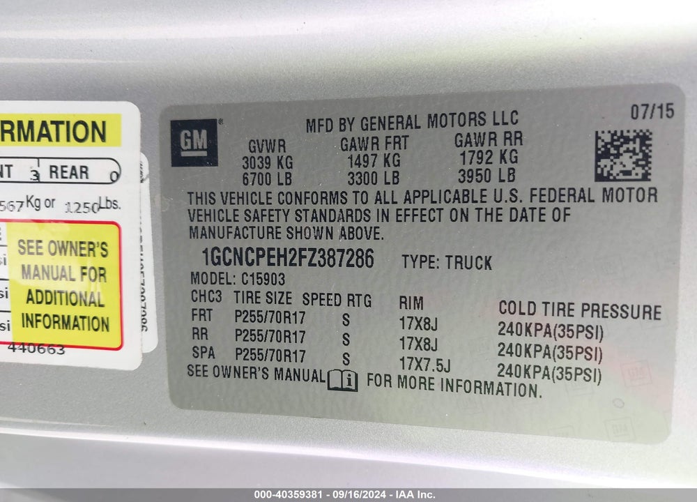 2015 CHEVROLET SILVERADO 1500 WT VIN: 1GCNCPEH2FZ387286