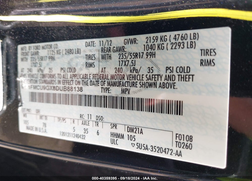 2013 FORD ESCAPE SE VIN: 1FMCU9GX8DUB88138