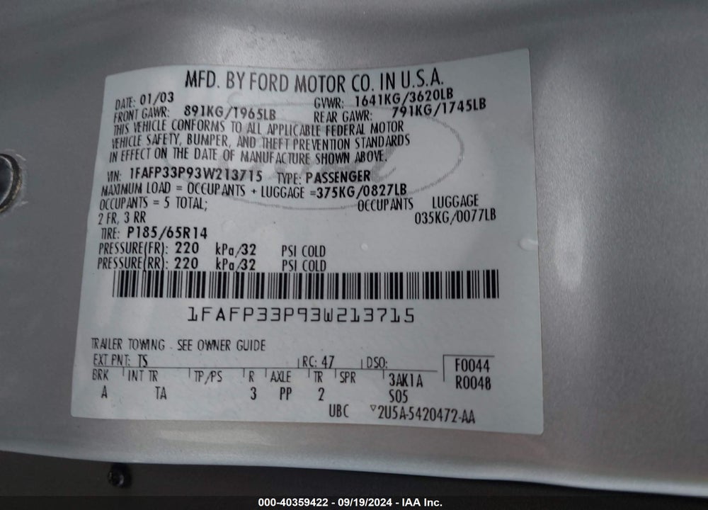 2003 FORD FOCUS VIN: 1FAFP33P93W213715