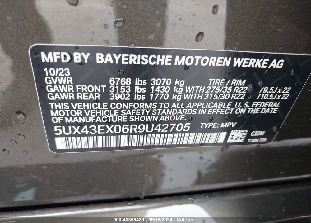 2024 BMW X6 M60I VIN: 5UX43EX06R9U42705