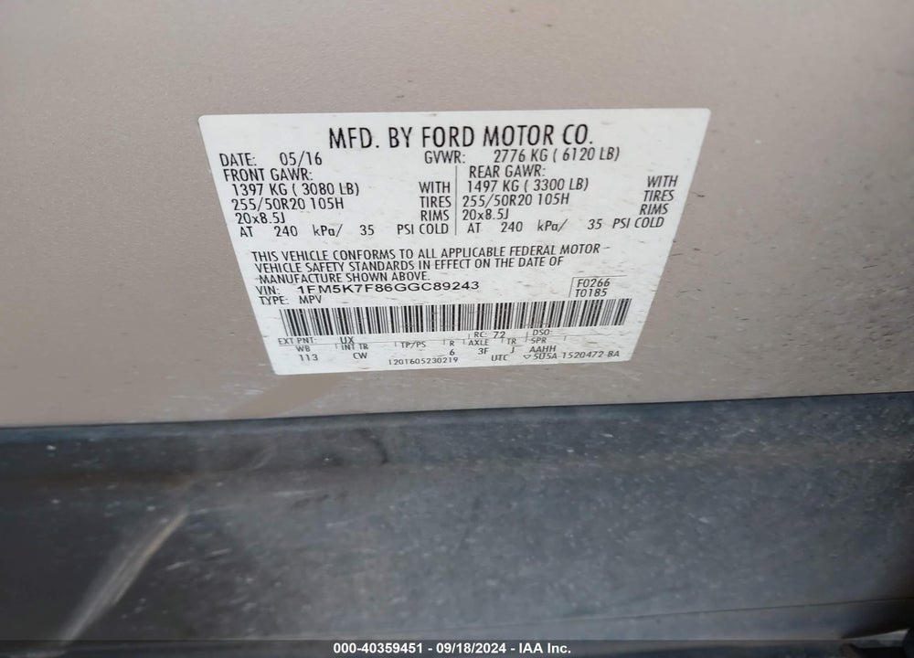 2016 FORD EXPLORER LIMITED VIN: 1FM5K7F86GGC89243