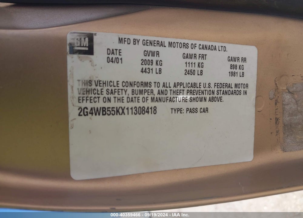 2001 BUICK REGAL LS VIN: 2G4WB55KX11308418