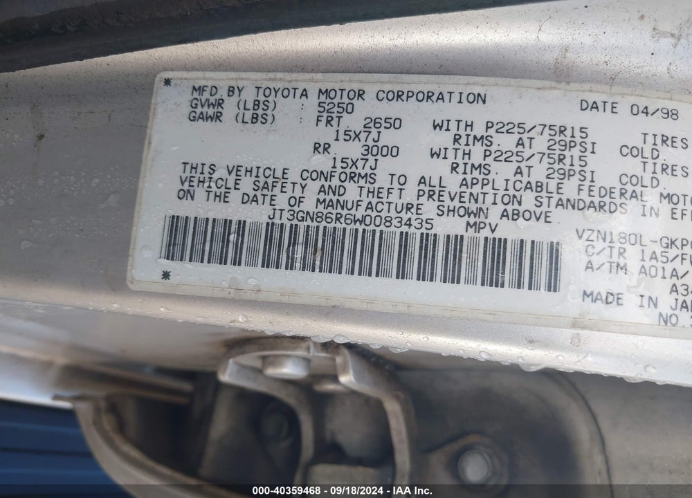 1998 TOYOTA 4RUNNER SR5 V6 VIN: JT3GN86R6W0083435