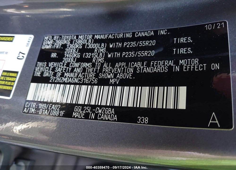 2022 LEXUS RX 350 VIN: 2T2HZMDA6NC316756
