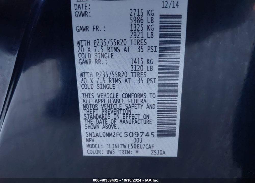 2015 INFINITI QX60 VIN: 5N1AL0MM2FC509745