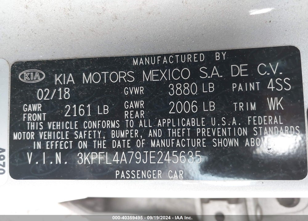 2018 KIA FORTE LX VIN: 3KPFL4A79JE245635
