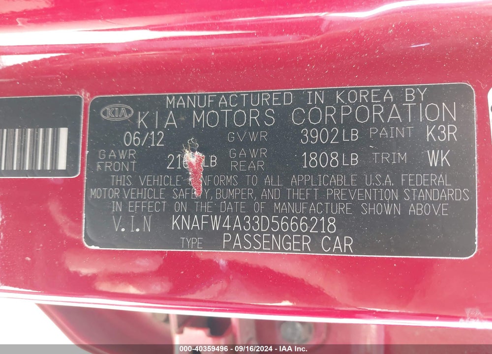 2013 KIA FORTE SX VIN: KNAFW4A33D5666218