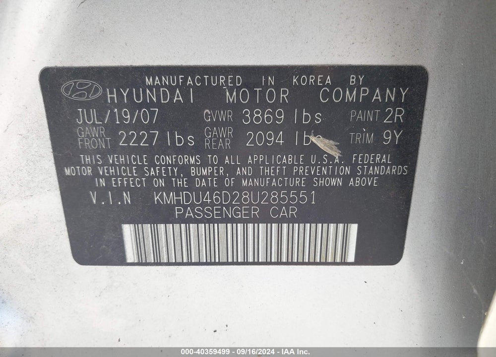 2008 HYUNDAI ELANTRA GLS/SE VIN: KMHDU46D28U285551