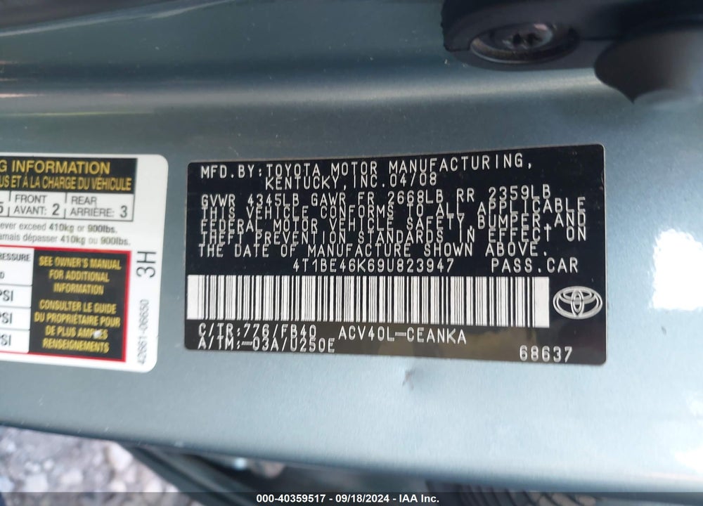 2009 TOYOTA CAMRY LE VIN: 4T1BE46K69U823947