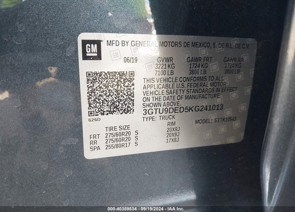 2019 GMC SIERRA 1500 SLT VIN: 3GTU9DED5KG241013