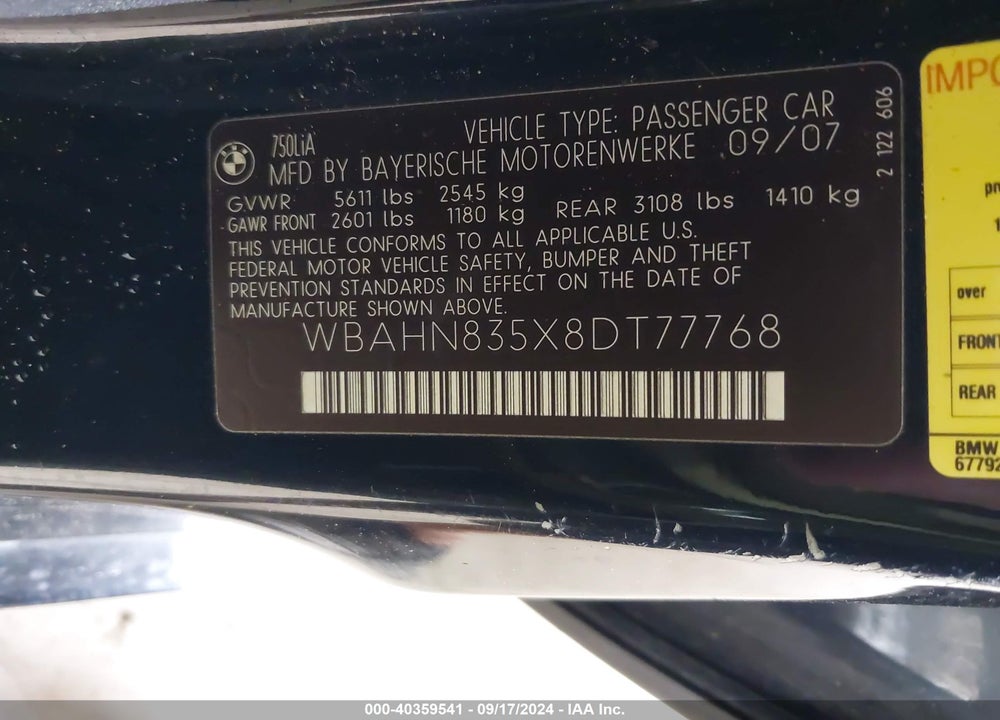 2008 BMW 750LI VIN: WBAHN835X8DT77768