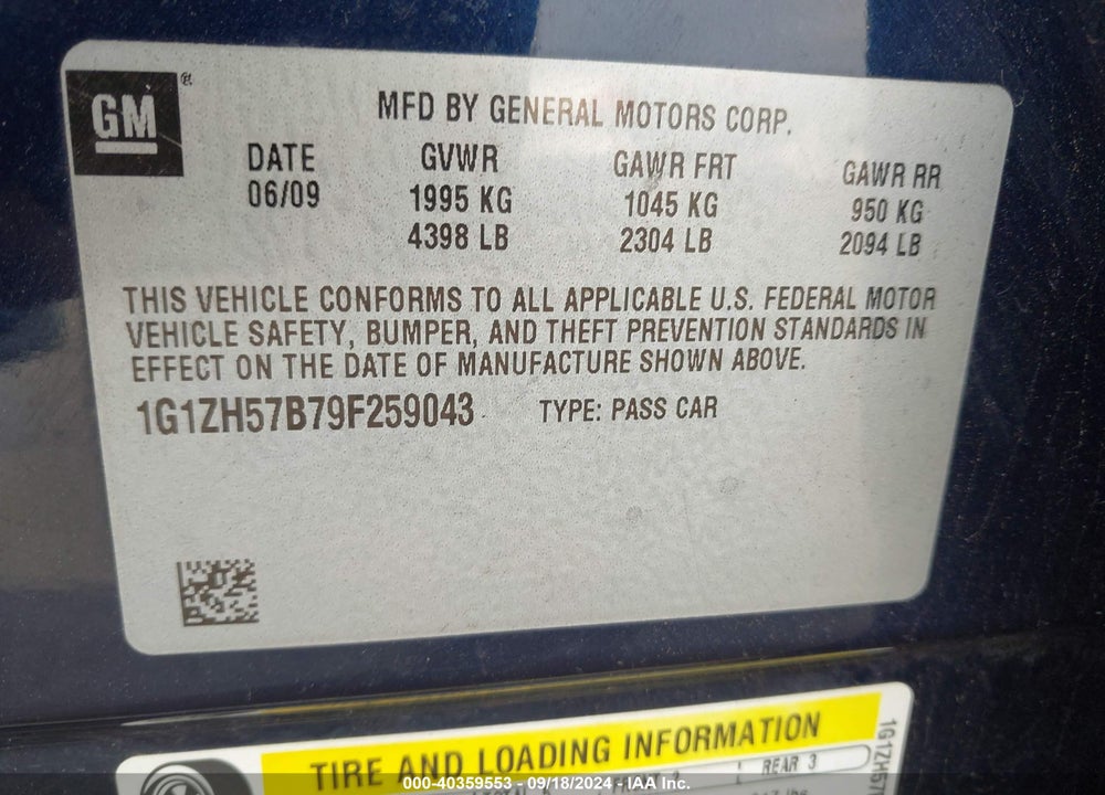 2009 CHEVROLET MALIBU LT VIN: 1G1ZH57B79F259043